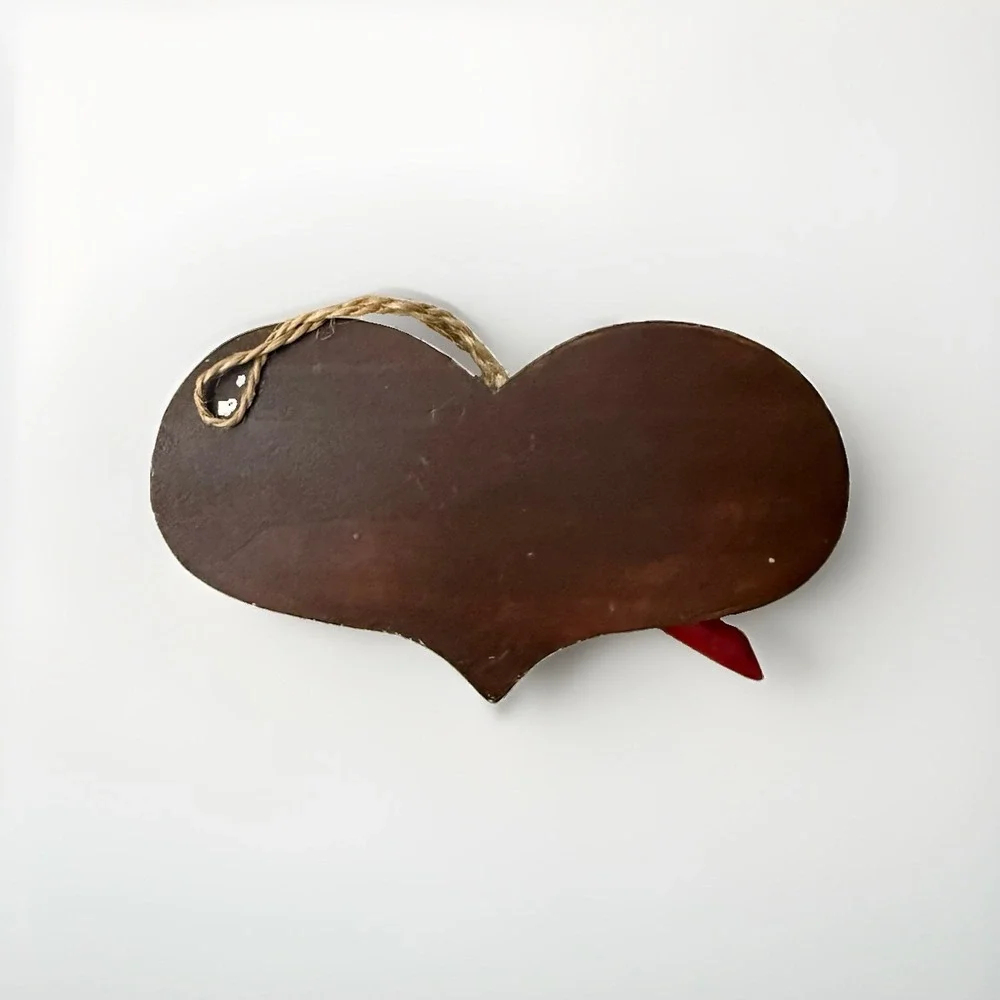 Hand Painted Wooden Cardinal & Holly Heart Christmas Ornament Red Green Twine